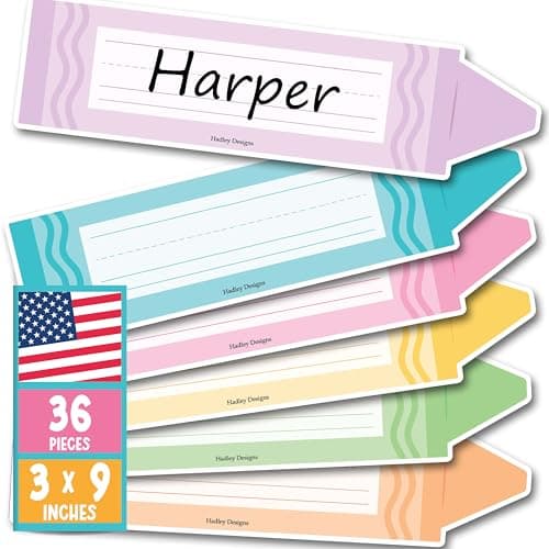 Hadley Designs Desk Name Tags for Classroom - 36 Student Desk Name Plates for Classroom Decor, 9.5x2.5 Crayon Nametags Cubby Labels Teacher Supplies, 1st-3rd Grade Kindergarten Preschool Must Haves