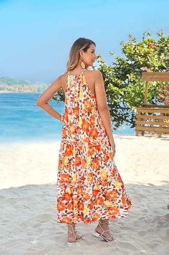 GRACE KARIN 2026 Women's Floral Halter Maxi Dress Boho Summer Beach Sundress with Tiered Ruffle Skirt Orange Medium Large Flowers M - Thumbnail 4