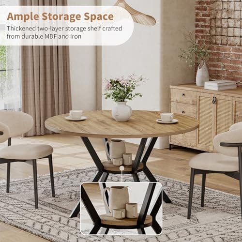 MECHYIN 42 Inch Round Dining Table for 2–4, Farmhouse Round Kitchen Table with Storage Shelf, Pedestal Dining Table, Wood Top & Metal Base, Small Space Table for Apartment, Dining Room - Thumbnail 3