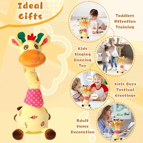 JISONCASE Talking Dancing Giraffe Baby Toy, Adjustable Volume Tummy Time Toy Repeating What You Say, Singing Mimicking Recording Sensory Education Gifts for Toddlers Boy Girls - Thumbnail 6
