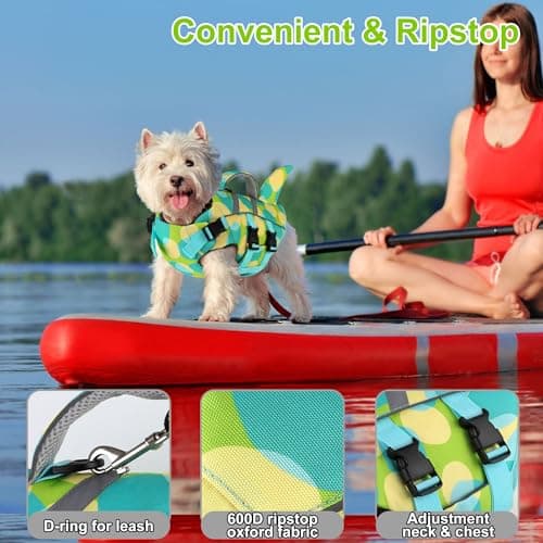 Dogcheer Dog Shark Swim Vest, Adjustable Reflective Life Jacket with Handle, High Buoyancy Pet Float Vest for Pool, Lake, Beach, Kayaking, Boating Adventures - Colorful Green,XS - Thumbnail 4