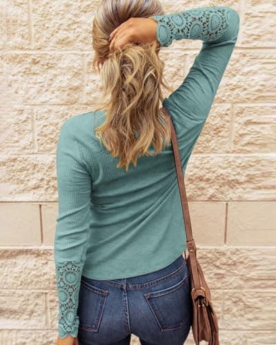 BTFBM Women Long Sleeve Shirts Spring Solid Button Up V Neck Lace Long Sleeves Slim Fit Knit Casual Fall T-Shirts 2026(Lake Green,Small) - Thumbnail 5