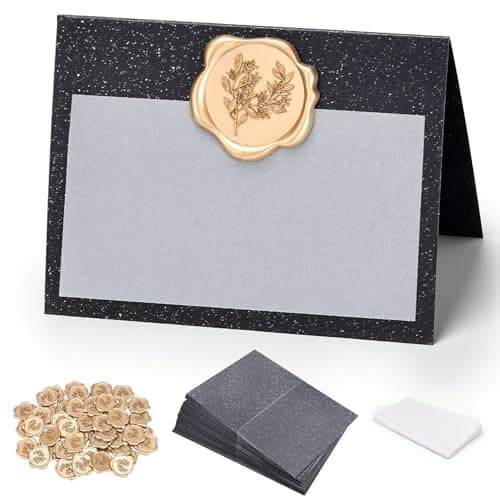 LITTOBEBE 50 Pcs Premium Place Cards, Small Table Cards with Antique Gold Rose Wax Seal Sticker, 4“ x 3“ Tent Card, Escort Cards, Name Card, Wedding, Dinner Parties, Seating Card (Pearlescent Black)