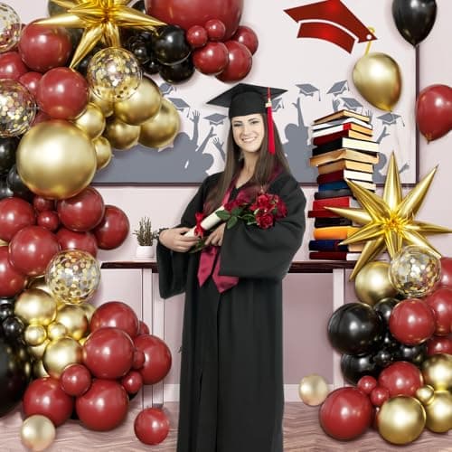 Burgundy Gold Balloon Arch Kit Graduation Decorations 2026, 130Pcs Burgundy Gold Black Balloons and Foil Star Balloon with Confetti Ribbons Grad Party Decorations for College High School Class of 2026 - Thumbnail 3