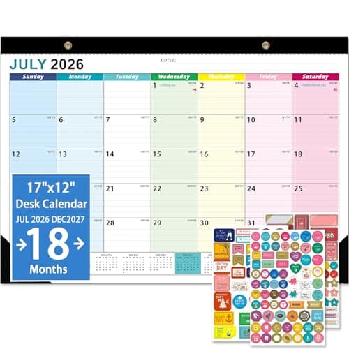 2026-2027 Desk Calendar - 18 Month Desk Calendar 2026-2027, Jan 2026 - Jun 2027, 17" x 12", Large Desk Calendar with Thick Paper, Large Blocks, Stickers, Home or Office Calendar for Easy Organizing - Image 1
