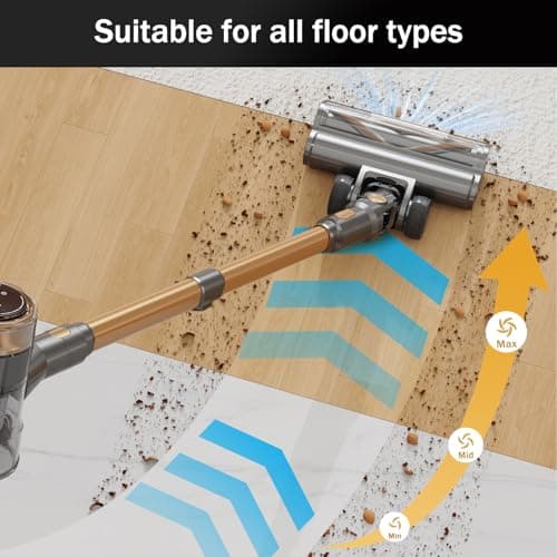 NuYupo Cordless Vacuum Cleaner, 10-in-1 Lightweight Stick Vacuum with 45mins Runtime, Powerful Suction, LED Touch Screen, Rechargeable Vacuum Cleaners for Home Hardwood Floor Carpet Pet Hair (Gold) - Thumbnail 4