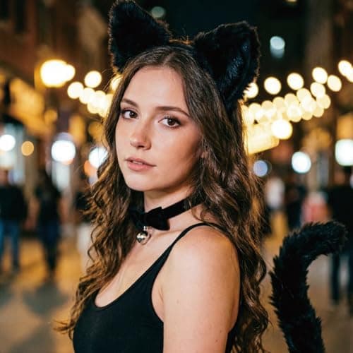 Cat Ears and Tail Black Cat Headband Long Tail Bell Collar for Adults Women - Thumbnail 3