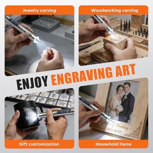 Engraving Pen with LED Light,HollowCup Motor,Cordless USB Rechargeable Rotary Tool for Metal,Wood,Glass and Plastic,DIY Engraving Kit with 30 Bits,Silver - Thumbnail 4