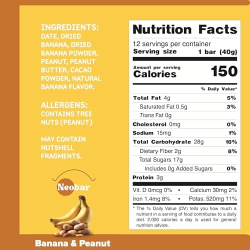 NEOBAR Fruit and Nut Bars - Plant-Based Vegan Snack Bars, Gluten Free Dairy Free Snacks, No Added Sugar, No Preservatives, Non-GMO | Banana & Peanut,12 Count - Thumbnail 2