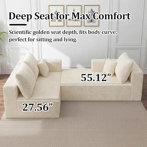 92.5" Modular Sectional Sofa, L-Shaped Cloud Couch with Deep Seats & Chaise, Convertible 4-in-1 Corduroy Boneless Couches for Living Room, Bedroom, No Need Assembly - Beige(Right Facing Chaise) - Thumbnail 6