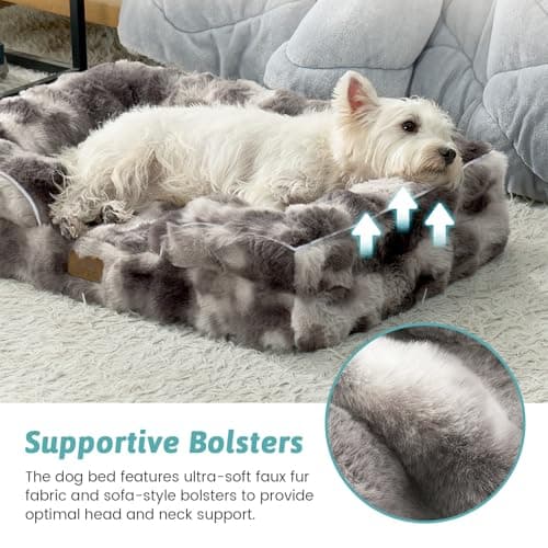 COZY KISS Orthopedic Dog Bed for Medium Small Size Dog, Soft and Warm Faux Fur Sofa for Pet Up to 40 lbs, Foam Bolster Anti-Slip Couch with Washable Removable Cover, M 30x20x6.5 inch, Tie Dye Grey - Thumbnail 4