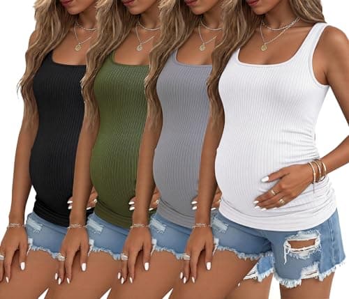 Ekouaer 4 Pack Maternity Tank Tops Ribbed Summer Pregnancy Shirts Ruch Side Tops Casual Square Neck Postpartum Clothes Black/Olive Green/Light Grey/White S - Image 1