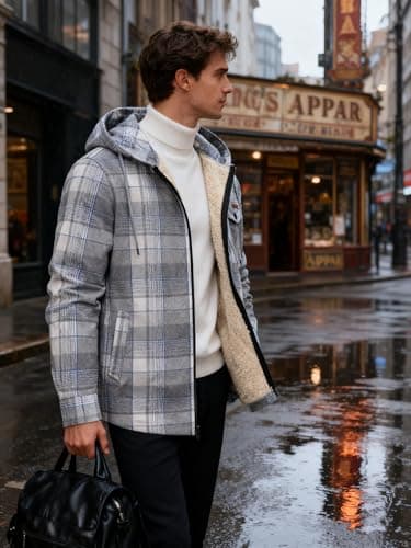 ZITY Men's Zipper Hoodies Flannel Shirt Jacket Plaid Cotton Hoodie Berber Lined Polyfill Insulated - Thumbnail 3