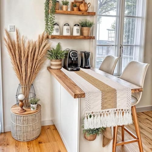 yuboo Boho Coffee Table Runner 48 Inch, Spring Farmhouse Burlap Dresser Runner Scarf, Rustic Macrame Runner for Round Table, TV Stand, Entryway Console, Neutral Easter Decor - Thumbnail 6