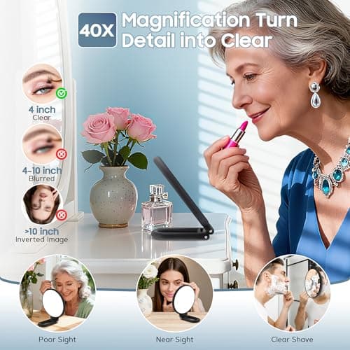 B Beauty Planet 40X Magnifying Mirror, Hand Mirror for Makeup, Double Sided with 40X/1X Magnification, Travel Essential, Portable Foldable for Desktop and Bathroom, Gift for Women, Black - Thumbnail 6