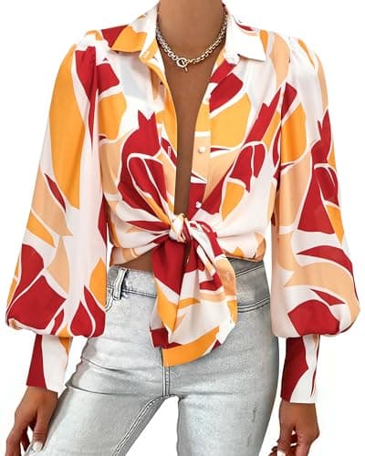 BTFBM Women Fashion Button Down Shirts 2026 V Neck Boho Printed Long Sleeve Blouses Dressy Casual Spring Fall Tops(Print Red Brown, Medium) - Image 1