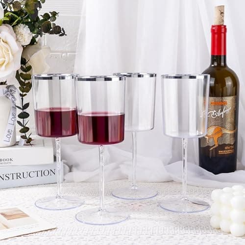 Ciaell 12 Pack Plastic Wine Glasses - 10 Oz Plastic Wine Glasses with Stem - Square Silver Disposable Stemmed Glass for Parties & Weddings & Outdoors - Thumbnail 3