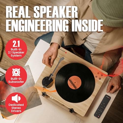 AudioSource Vinyl Record Player, All-in-one Turntable with 2.1 Channel Built-in Speaker, Bluetooth 5.4, 120W, Built-in Subwoofer, High Fidelity 2-Speed Belt Drive, Patented Isolation System, AT33 - Thumbnail 5
