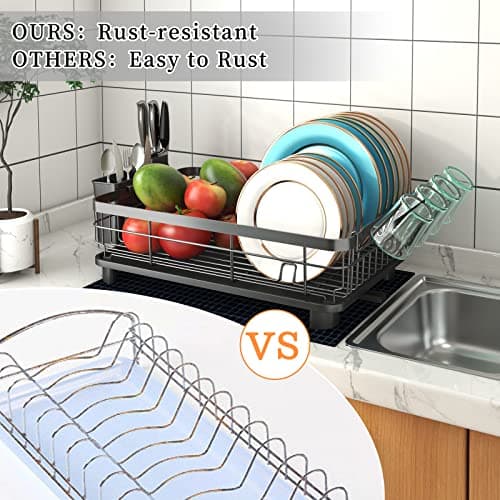 Godboat Dish Drying Rack, Dish Rack with Auto-Drain & Mat, Dish Drainers for Kitchen Counter, Glass Organizer for 4 Cups, 3 Slots Utensil Holder, Gifts for Women Mothers Day, Kitchen Gadgets & Decor - Thumbnail 2