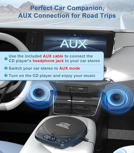 Portable CD Player with Headphones, Rechargeable Discman CD Player for Car & Home, Small CD Players Portable with 60s Anti-Skip, Supports CD/MP3/WMA/TF Card/AUX, Backlit/Lock/Programmable/Timer - Thumbnail 5