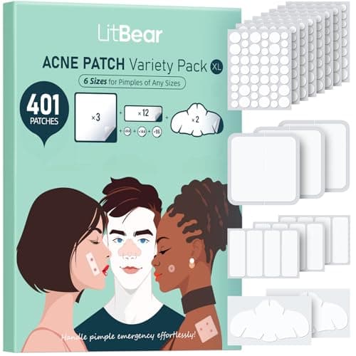 LitBear Large Pimple Patches for Face (6 Sizes 401 Counts), Big Hydrocolloid Acne Patches, XL Hydrocolloid Bandages for Body, Cheek, Forehead, Chin, Full Face, Back, Nose - Image 1