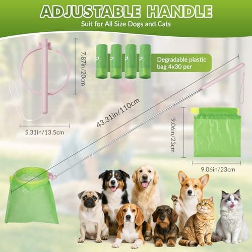 Dog Pooper Scooper, 43" Extendable Pooper Scooper Long Handle with Bag Attachment(120pcs), Portable Poop Scoop for Small Medium Large Dogs, No Touch Avoid Bending Over, Suit for Yard, Park, Wild,City - Thumbnail 4