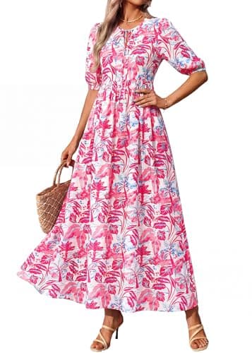 KIRUNDO Spring Dresses for Women 2026 Summer Wedding Guest Boho Floral 3/4 Sleeve Beach Vacation Cruise Flowy Maxi Dress(Red, Large) - Thumbnail 5