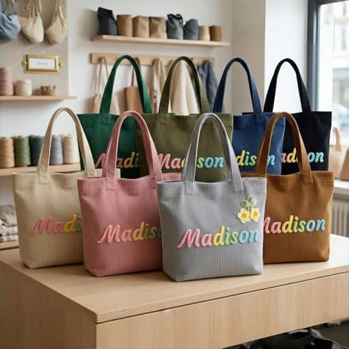 Personalized corduroy handbag, casual shoulder bag with custom name/letter patterns. Durable cotton travel bag, ideal gift for bridesmaids, teachers, and for Christmas, birthdays or honeymoons. - Thumbnail 3