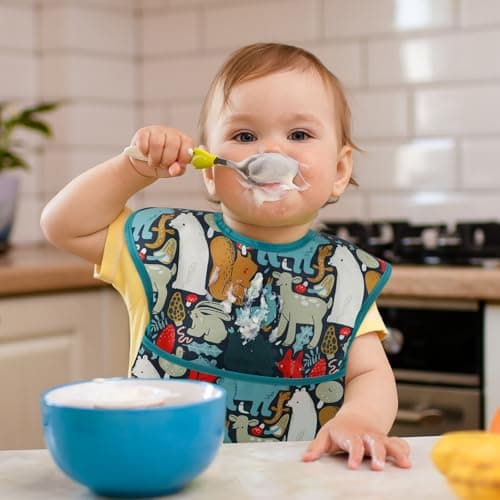 CIVARUA KIDS 3-Pack Waterproof Baby Bibs for Eating - Mess Proof Lightweight Toddler Feeding Bibs with Large Food Catcher, Food-Grade Baby Eating Essentials, Easy to Put On & Clean(Green Animals) - Thumbnail 2