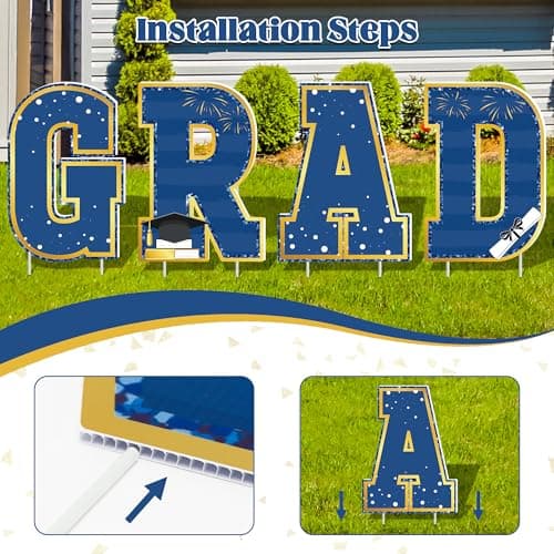 Graduation Yard Signs, 14 PCS Blue Gold Congrats Grad Lawn Stakes, Class of 2026 Yard Signs with Stakes, Graduation Party Decorations Outdoor, Waterproof GRAD Yard Decor for College High School - Thumbnail 3