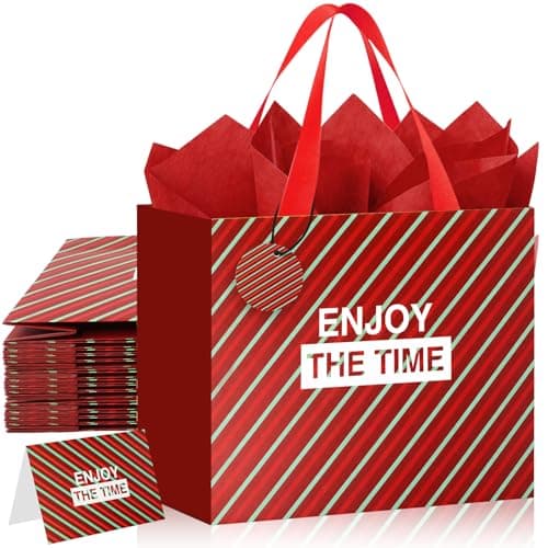 Biotakeware 14 Pack Red and Green Stripe Gift Bags with Handles, 13" Medium Non-Crease Paper Bags, Includes 28 Tissue Paper, 14 Greeting Cards & Tags, Perfect for Wedding, Birthday, Anniversary - Image 1