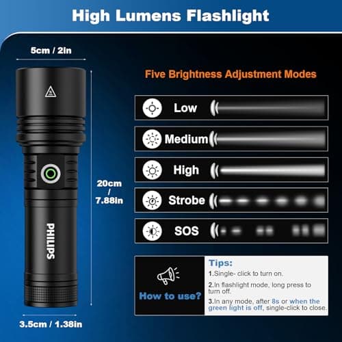 Philips Rechargeable Flashlights High Lumens with Ignition Lens,5000lm Tactical Flashlights with Camping Lamp,2 Colors Zoomable 5Modes Reverse Charging LED Bright Flashlight for Home Outdoor Gift - Thumbnail 4