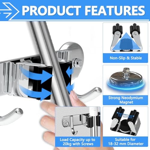 3-H Magnetic Broom Holder Wall Mount 2 Pack, 2-in-1 Dual Mount (No Drill or Screw Fix), 304 Stainless Steel Heavy Duty Magnet Mop Broom Organizer for Kitchen Garden Garage(4 Racks & 5 Hooks,Silver) - Thumbnail 5