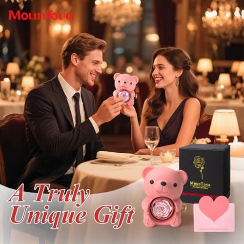 mountova Romantic Teddy Bear with Preserved Rose, Real Rose in Elegant Gift Box with Necklace for Women, Bear Roses Gifts for Mother's Day,Weddings,Valentine's Day,Anniversary,Birthday, Pink - Thumbnail 2