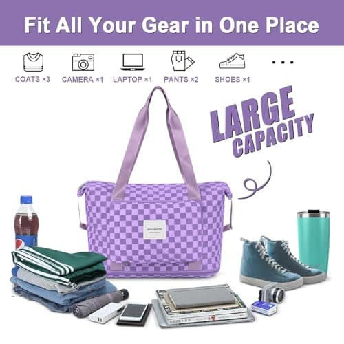 WOOMADA Foldable Travel Duffel, Weekender Bag with Expandable Space, Carry-On for Airplanes, Gym Bag for Women (Lavender Checkerboard) - Thumbnail 3