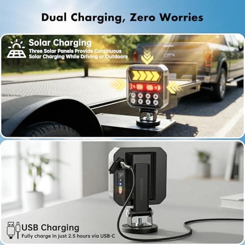 Solar Wireless Trailer Lights – Turn/Brake/Run/Stop/Alert Modes, IPX6 Waterproof, Magnetic LED with Reflectors & USB-C Fast Charging, Rechargeable Kit for Trucks, Boats, RV, Campers - Thumbnail 3