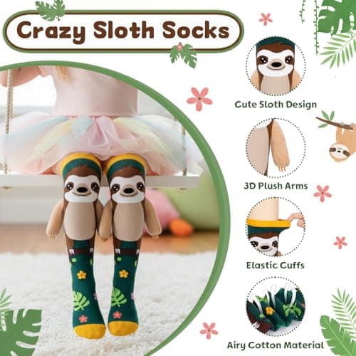 FunisFun Crazy Socks for Kids Girls Knee High Sloth Animal Socks Ideal Sloth Gifts for Girls Teens Women Birthday (US, Alpha, One Size, Regular, Green&Yellow) - Thumbnail 4