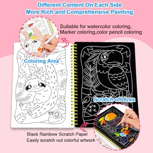 JUNQIU 2 Pack Animal & Unicorn Scratch Art for Kids, Rainbow Scratch Paper Art Notebook, Arts and Crafts for Boys Girls, Birthday Gifts Party Games - Thumbnail 4