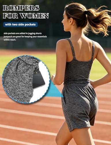 SLIMBELLE Built In Bra Athletic Rompers For Women Summer Square Neck Adjustable Strap Pleated Waist Pockets Short Jumpsuit One Piece Outfits BLACK-WHITE M - Thumbnail 4