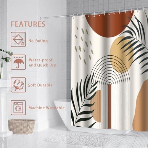 LYLYCTY Boho Shower Curtains for Bathroom,Orange Bohemian Mid Century Leaf Sun Modern Waterproof Fabric Bathroom Decor Curtain 72x72 Inches - Thumbnail 4