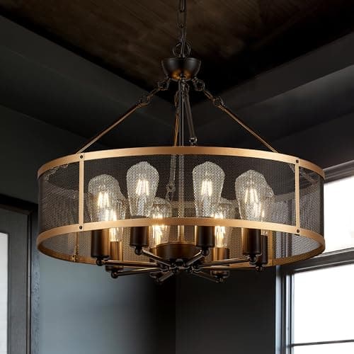 brfaixla Modern 23" Large Black Gold Mesh Drum Chandelier for Dining Room Industrial Retro Semi Flush Mount 4-Light Round Ceiling Light Fixtures for Kitchen Bedroom Living Room Hallway Entryway Foyer