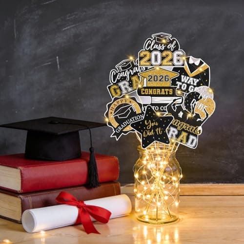 Graduation Decorations 2026 Graduation Party Decorations 32Pcs Black Gold Grad Table Centerpiece Sticks with String Lights for College High School Congrats Grad Party Decor Photo Props - Thumbnail 6