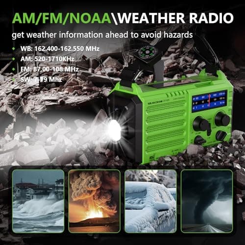 NOAA-Certified Emergency Weather Radio, AM/FM Portable Solar Hand Crank Powered with Flashlight & Reading Lamp for Emergency, Rechargeable Battery, SOS Alarm, Cell Phone Charger for Outdoor & Home Use - Thumbnail 2