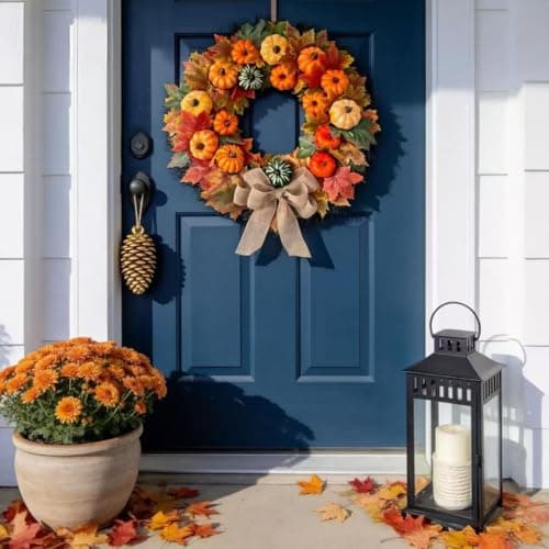 HipTree 20 Inch Fall Wreath for Front Door, Rustic Farmhouse Artificial Wreath with Plastic Pumpkins Maple Leaves Burlap Bow, Halloween Thanksgiving Harvest Decor for Porch Wall Indoor Outdoor - Thumbnail 5