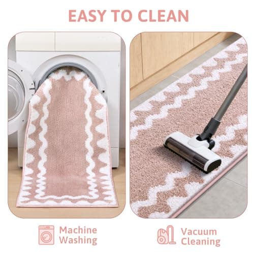 Findosom Bathroom Rugs Sets 5 Piece, Absorbent Soft Non-Slip Washable Microfiber Shaggy Bath Mat Set with Bathroom Runner Rug, U-Shaped Toilet Rugs, Shower Rug & Toilet Lid Cover, Pink-White - Thumbnail 6