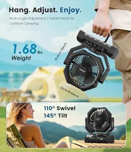 Camping Fan Rechargeable, 60H Long-Lasting Battery Powered Fan - 4 Speeds, 3 Light, Timer, Sleep Mode, Hook, Portable Fans for Camping Gear, Travel Essentials, Tent, RV, Outdoor, Garage, Emergency - Thumbnail 6
