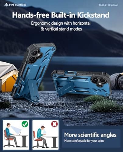 FNTCASE for iPhone 17 Phone Case: Military Grade Drop Proof Protection Mobile Cover with Kickstand | Matte Textured Rugged Shockproof TPU | Protective Sturdy Phone Case - 6.3 inch Blue - Thumbnail 5