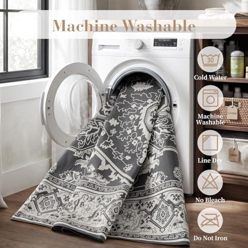 AMOAMI-Outdoor Rug-Patio Rug 5x8 ft Quick Dry Flatweave Textured Machine Washable Outdoor Carpet with Rubber Particles Backing Vintage Outdoor Area Rug for Patio Deck Front Porch Balcony Greyish Black - Thumbnail 6