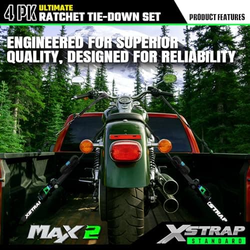 XSTRAP STANDARD 4PK Motorcycle Tie Down Straps - 1" x 15ft, 2,200lb Break Strength, Soft Loop Straps with Safety Lock S Hooks, Black Loops & Stickers, for Moving, Trucks, Cargo, Lawn Equipment, Black - Thumbnail 3