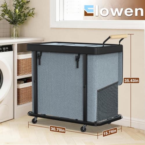 60 Gal (230L) Laundry Hamper 3 Section with Lid, Leather Patchwork Laundry Sorter with Rolling Lockable Wheels and Handle, Laundry Basket Organizer for Laundry Room, Bedroom and Bathroom - Gray - Thumbnail 6
